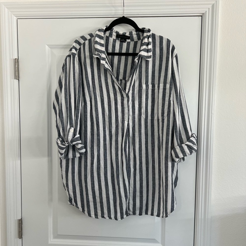Blue/White Striped Plus Size Linen Blend Shirt